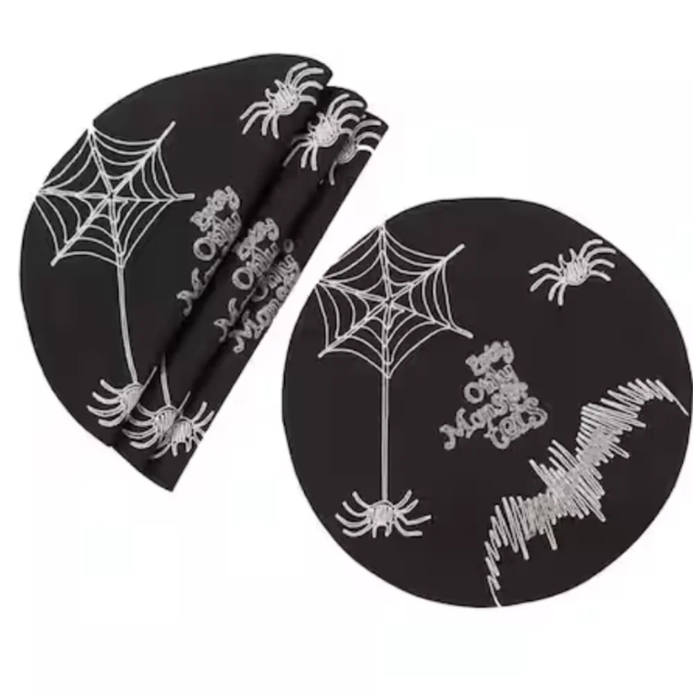 Halloween Elegant Spooky Black White Placemats  Spiders Webs Bats Decor